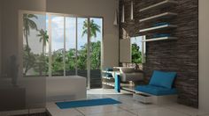 a modern bathroom with blue accents and palm trees