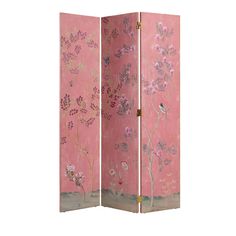 a pink room divider with flowers and birds painted on the side, in front of a white background