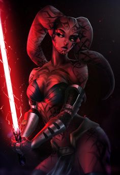 a woman holding a light saber in her hand