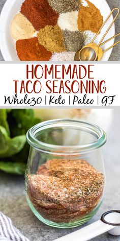 homemade taco seasoning in a glass jar with spoons