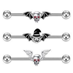 three different types of piercings with skulls and bats on them