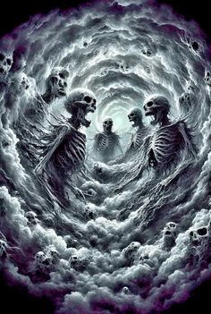 three skeletons are in the middle of a spiral vortex with skulls on it and clouds around them