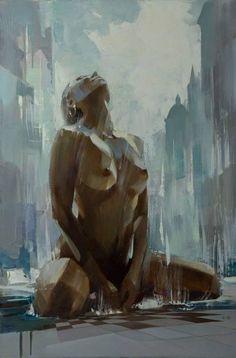 a painting of a nude woman sitting on the ground with buildings in the backgroud