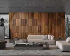 a modern living room with wood paneling and white couches, tables and chairs