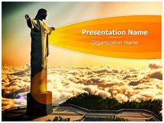 the statue of jesus on top of a mountain with clouds in the background and an orange banner that says, presentation name organization name