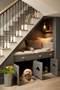 a dog is sitting in the under stair storage area next to some flowers and plants