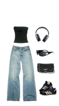 a woman's outfit with headphones, sunglasses and purse