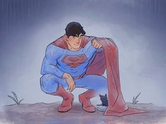 a drawing of a man dressed as superman crouching down with his arm on the ground