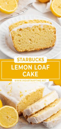 lemon loaf cake with white frosting and sliced lemons