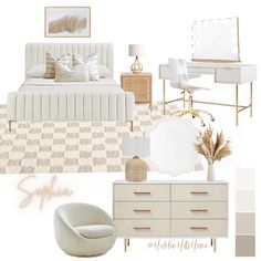 a bedroom with white furniture and neutral colors