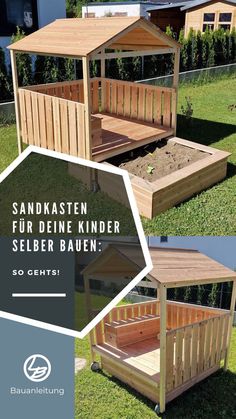 an outdoor wooden garden bed with the text sandboxen for deine kinder selber bauen