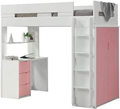 a white and pink loft bed with desk underneath