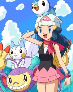 an anime character is posing with two pokemon characters