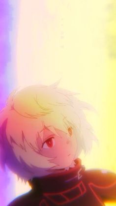 an anime character with blonde hair and red eyes standing in front of a colorful background