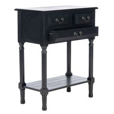 a small black table with two drawers on one side and an open drawer on the other