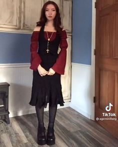 Magiccore Outfit, Vampire Outfit Inspiration, Vampire Casual Outfits, Casual Vampire Goth Outfits, Vampy Outfit Casual, Dark Feminine Clothing, Goth Quince, Vampcore Outfits, Gothic Vampire Aesthetic Outfit