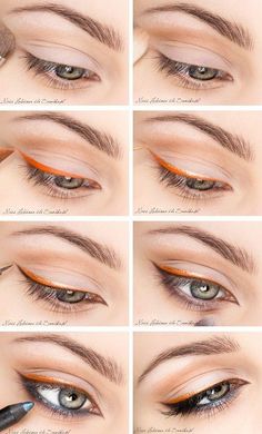 Orange Eyeliner, Liner Looks, Bronze Eye Makeup, Summer Eye Makeup, Gold Liner, Makeup Hacks Tutorials, Orange And Gold, Colored Eyeliner