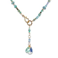 Gold & Stone Necklace - An 18k vermeil clasp and 18k gold vermeil beads highlight a mixed array of emerald, tanzanite, turquoise, and apatite in this multi-colored stone necklace. Below, fluorite, green amethyst, and iolite briolettes dangle from an 18k vermeil hammered hoop. 1618 adjustable chain; hook clasp closure. Dainty Gemstone Beaded Necklace, Wire Wrapped Beaded Necklace, Beaded Lariat Necklace, Gold Stone Necklace, Briolette Necklace, Waterfall Necklace, Beautiful Beaded Necklaces, Beaded Chain Necklace, Gift Crafts