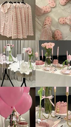 a collage of photos with pink and white decorations, balloons, cake, flowers, and other items