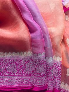 Pink Indian Aesthetic, Pure Chiffon Sarees, Saree Blouse Styles, Indian Bridal Sarees, Peach Blouse, Shades Of Peach, Pure Chiffon, Indian Aesthetic, Zari Work