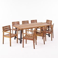 a wooden table with six chairs and one bench on the other side, against a white background