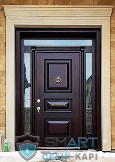 a black front door with two sidelights