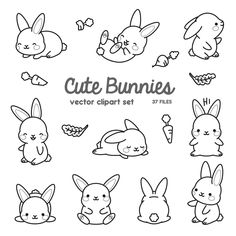 cute bunnies clipart set in black and white with different bunny, carrots, rabbits