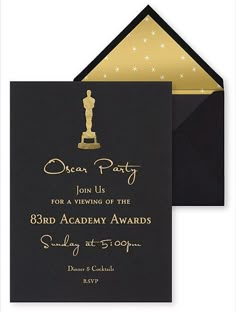 a black and gold birthday party card with an oscar statue