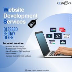 a woman is typing on her laptop with the words website development services released friday offer