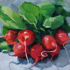 a painting of red radishes and green leaves on a white cloth with a blue background