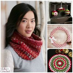 a woman wearing a red and green knitted scarf next to christmas ornaments, with an ornament in the background