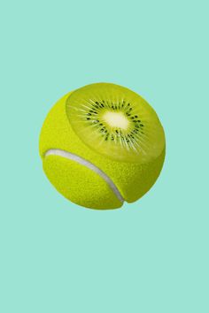 a green tennis ball with a kiwi cut in half on a light blue background