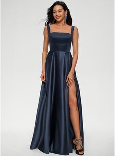 Simple Satin Prom Dress Modest, Jj's House Dresses, Sapphire Blue Formal Dress, Prom Dresses With Thick Straps, Wide Strap Prom Dress, Prom Dress Inspo Long Sleeve, Navy Floor Length Dress, Satin Formal Dresses, Dark Navy Prom Dress