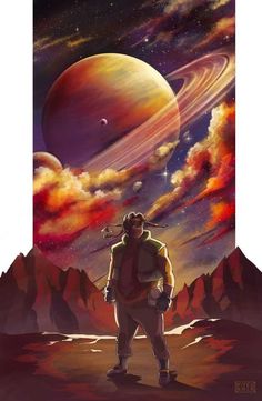 a man standing on top of a desert under a sky filled with clouds and planets