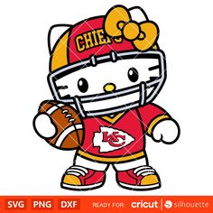 hello kitty football player in red and gold uniform holding a ball with the name chiefs on it