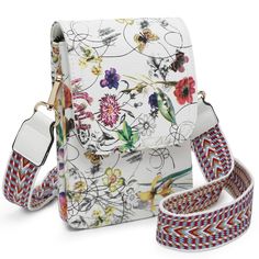 a white bag with flowers on it and a lanyard strap