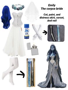 the corpse bride costume is shown in blue and white, as well as other accessories