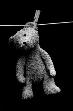 a teddy bear hanging from a clothes line with no strings attached to it's sides