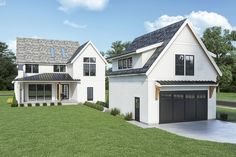 two white houses with black garage doors on the front and side of each house are shown in an artist's rendering