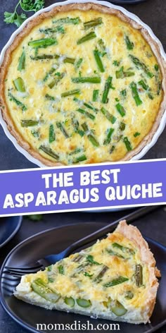 the best asparagus quiche recipe is shown in two different images with text overlay