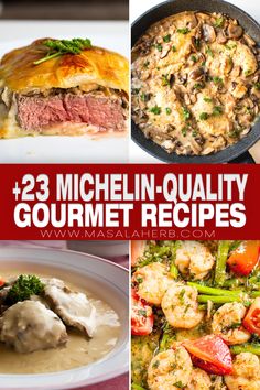 the collage shows different types of gourmet dishes in red and white with text overlay that reads, 23 michel - quality gourmet recipes