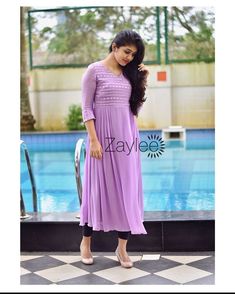 Lavender Churidar, Lavender Kurti Designs, Kurti Designs Simple, Chudidhar Models, Lavender Kurti, Churidhar Material, Churidar Design, Summer Fashion Dresses Casual, Frock Models