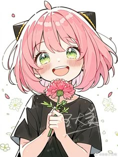 a girl with pink hair holding a flower