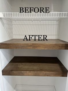 the before and after of a white closet shelving unit with open shelves in it