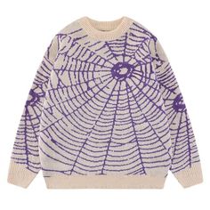 Make a bold statement with this beige and purple spider web knit sweater, featuring a striking web pattern for a unique, standout look. Crafted from soft and cozy fabric, this sweater adds a playful and edgy vibe to your wardrobe, perfect for casual or themed outfits. Warm Knit Sweater, Streetwear Sweater, Y2k Sweater, Women Streetwear, Graphic Sweaters, Mens Fashion Fall, Themed Outfits, Women Sleeve, Streetwear Women