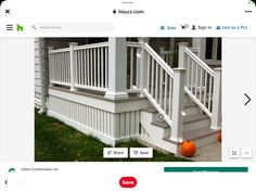 two pumpkins sitting on the front steps of a white porch with railing and stairs