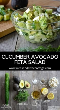 cucumber avocado feta salad in a glass bowl on a wooden table