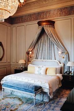 a bedroom with a canopy bed, chandelier and rug on the floor in front of it