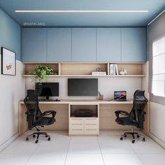 an office with two black chairs and a desk