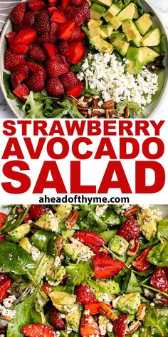 strawberry avocado salad with strawberries and feta cheese on top is shown